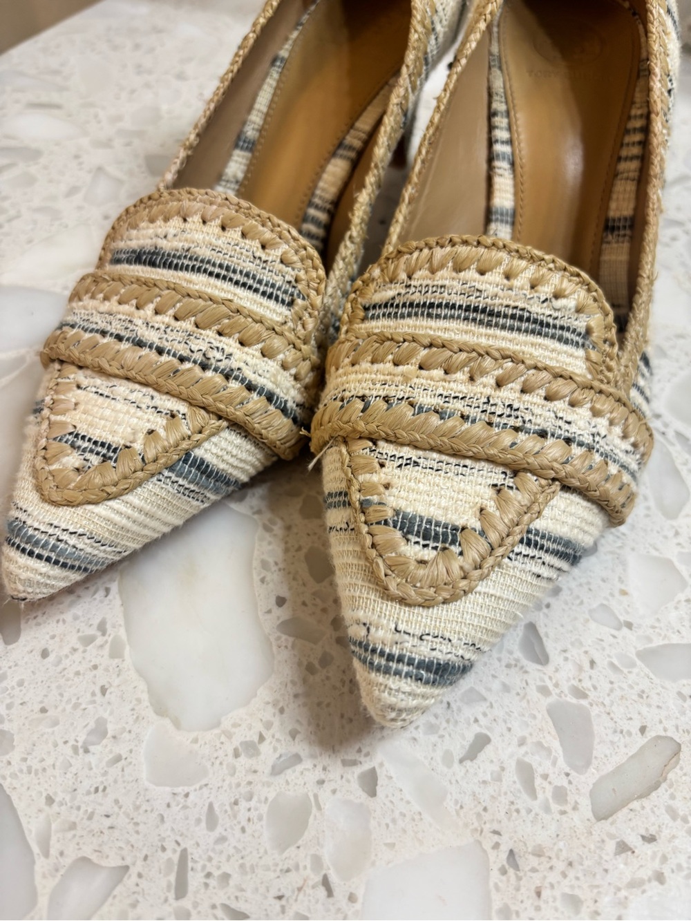 Tory Burch Beige Striped Raffia Pointed-Toe Flats - Picture 7 of 12